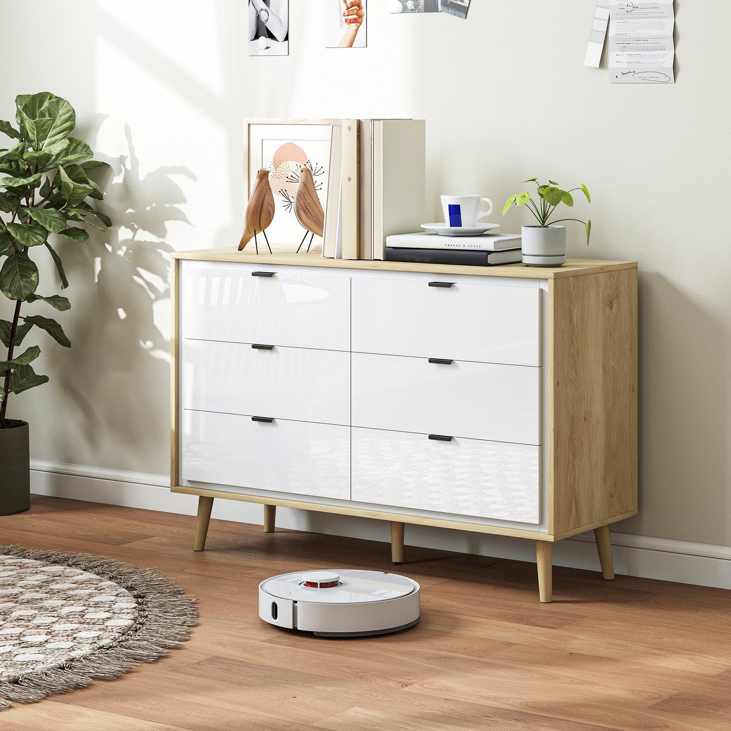 HOMCOM Storage Cabinet, Chest of Drawers with 6 Drawers and 5 Legs for Bedroom, High Gloss White