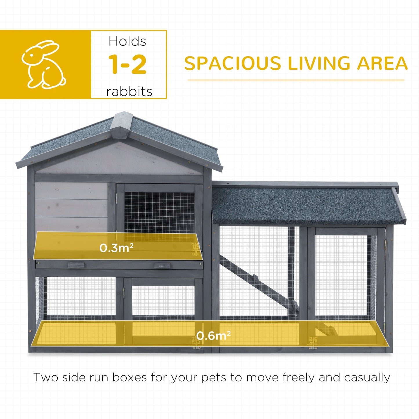 PawHut Wooden Rabbit Hutch Outdoor, Double Tier with Water-Resistant Roof, Ramp 147 x 54 x 84 cm, Grey