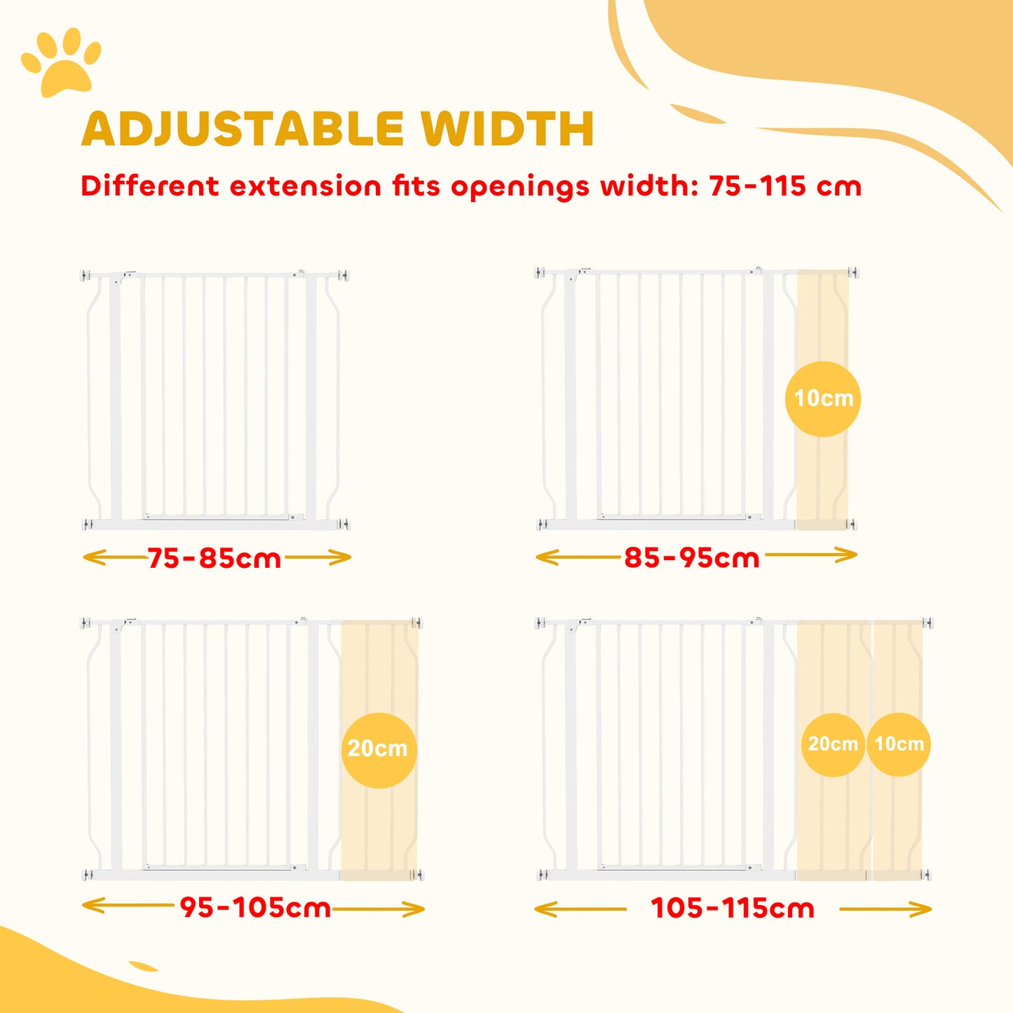PawHut Wide Dog Safety Gate, with Door Pressure, for Doorways, Hallways, Staircases - White