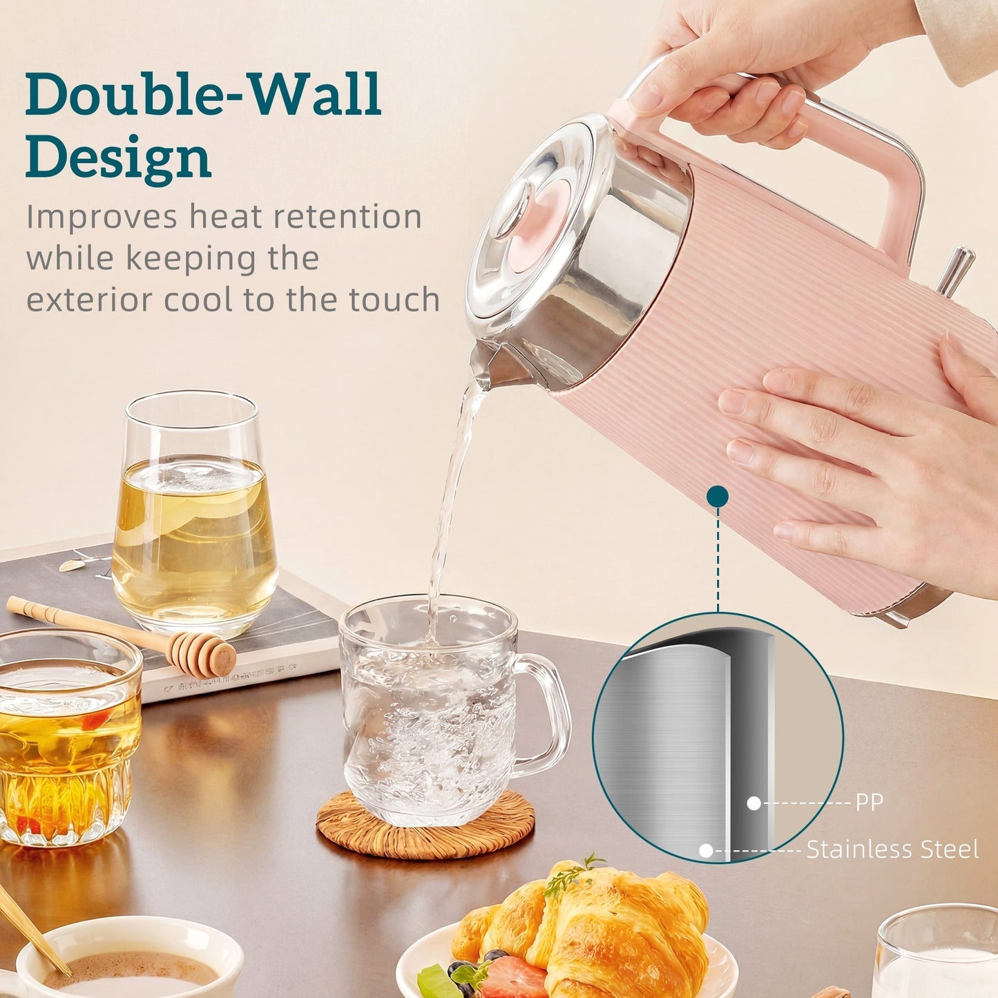 HOMCOM Electric Stainless Steel Kettle and Toaster Set, 3000W 1.7L UK Strix Thermostat Fast Boil Kettle Pink