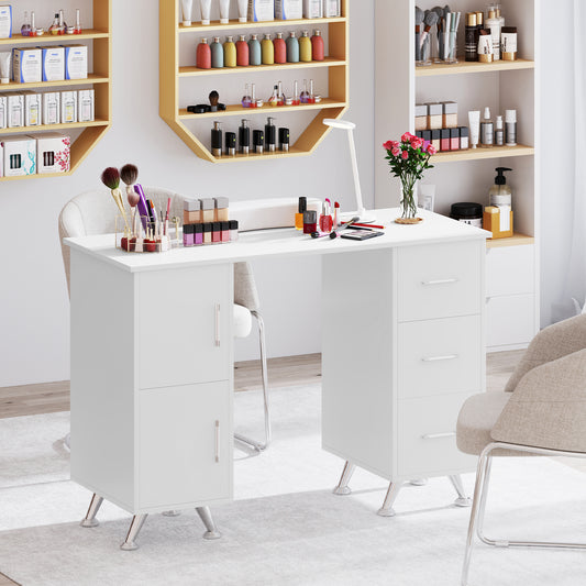 The manicure table set up in a beauty salon with nail polish bottles and brushes