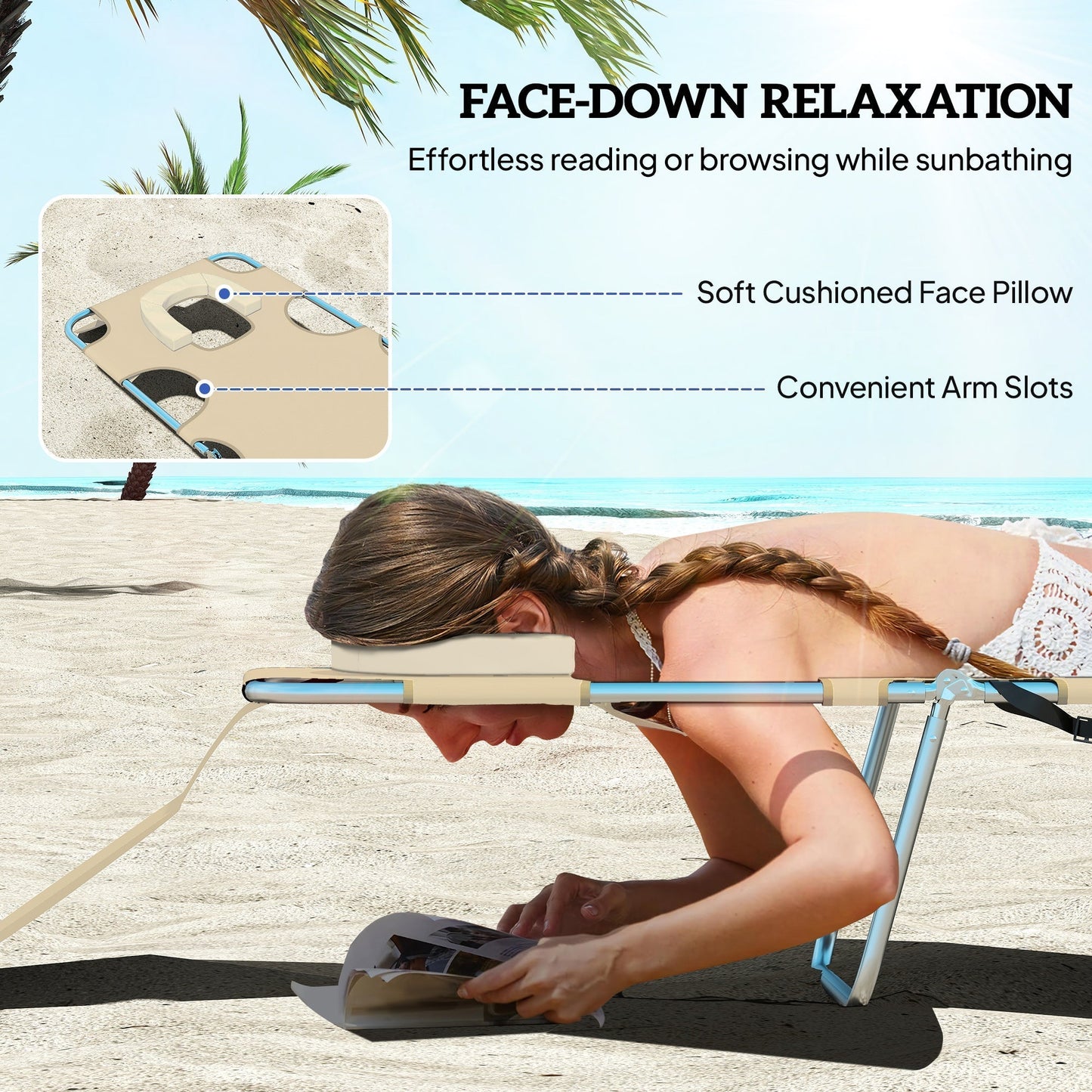 Outsunny Foldable Sun Lounger, Beach Chaise Lounge with Reading Hole, Arm Slots, 5-Position Adjustable Backrest, Side Pocket, Pillow for Garden, Beach, Pool, Beige