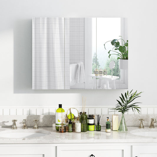 The wall cabinet mounted above a bathroom vanity with toiletries and plants on the counter