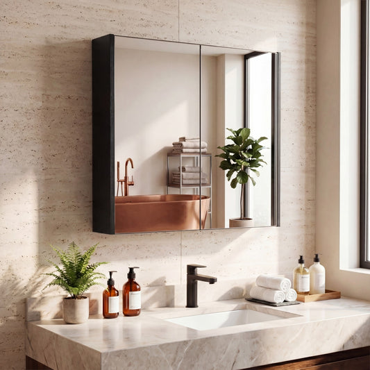 Wall mounted bathroom cabinet with mirror above a sink in a stylish bathroom setting