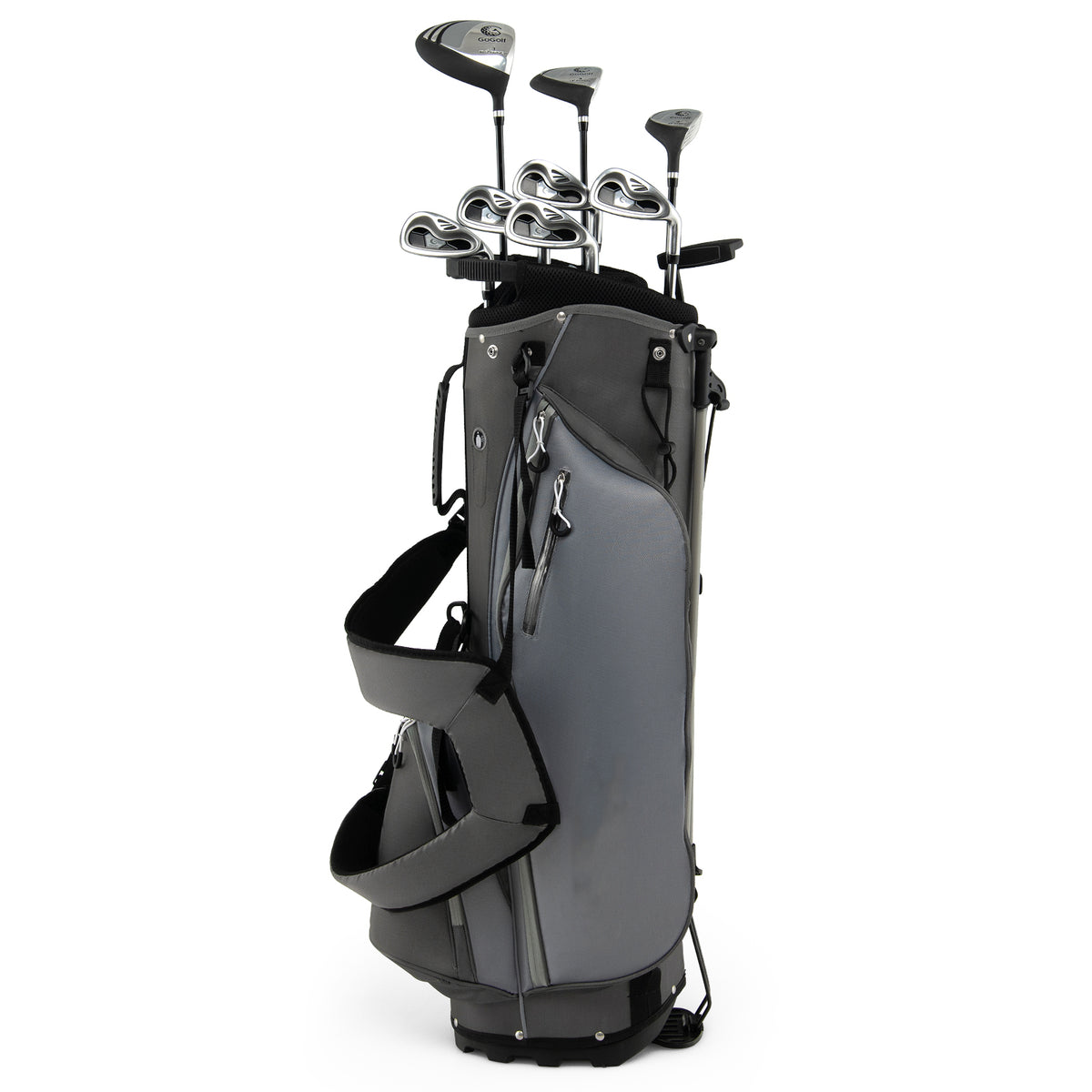 Grey golf clubs package set with clubs and stand, side profile