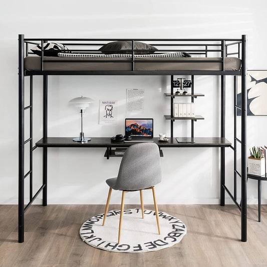 The high sleeper bed frame with desk and shelves is shown in a bedroom setting