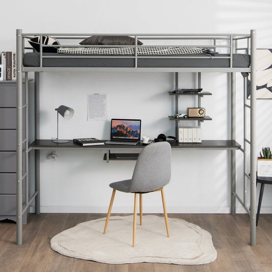 The silver high sleeper bed frame with a desk and shelves is shown in a bedroom setting
