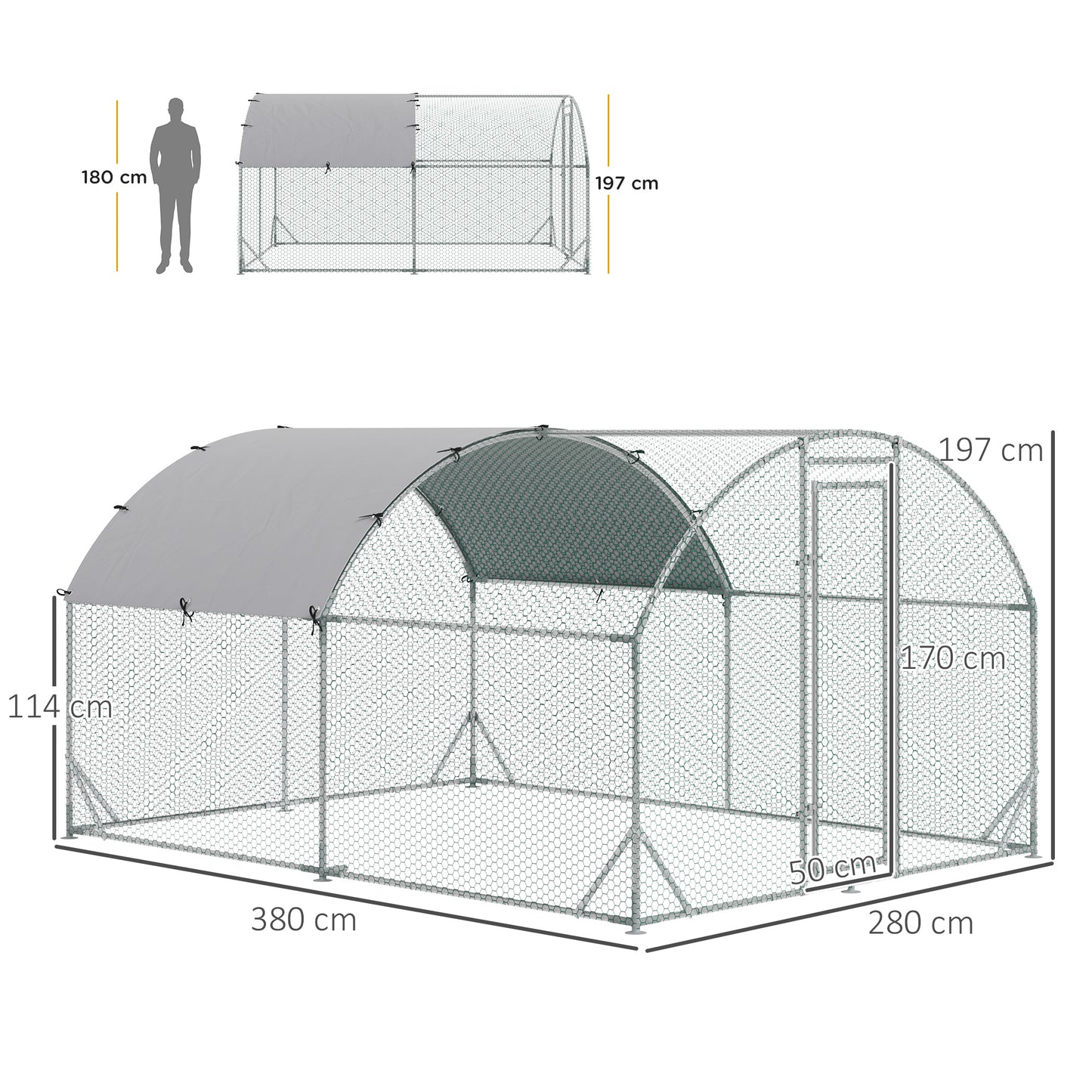 حظيرة دجاج مجلفنة من PawHut Walk In Chicken Run، قفص دواجن، حظيرة لعب للحيوانات الأليفة، حديقة مع غطاء مقاوم للماء، 2.8 × 3.8 × 2 متر