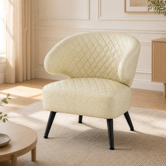 The accent chair placed in a bright living room setting with a rug and wooden furniture