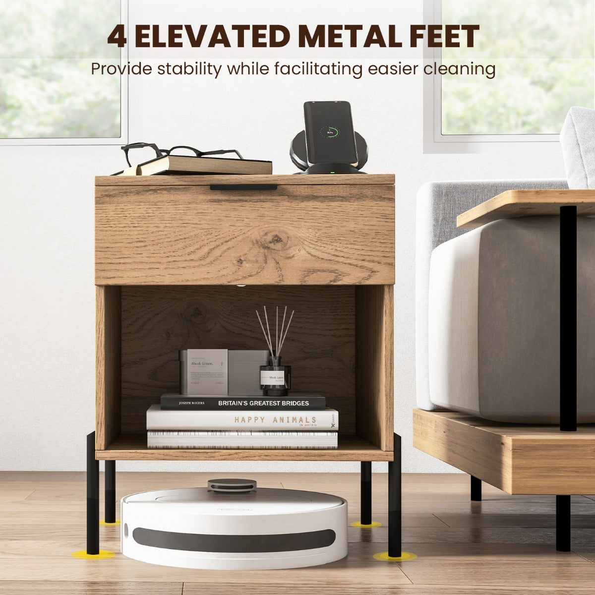 Mid Century Modern Nightstand with Charging Station and Open Compartment-Natural