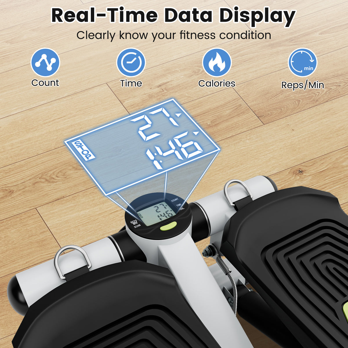 Real-time data display on the portable stepper showing count, time and calories