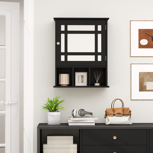 Black wall cabinet with mirrored door, shown mounted above a dresser with decorative items