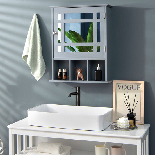 The wall cabinet mounted above a bathroom sink with toiletries and a towel hanging nearby