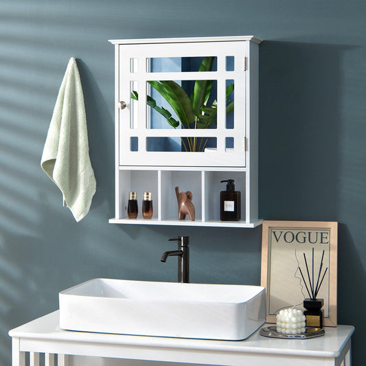 The white wall cabinet is shown mounted above a sink in a bathroom setting