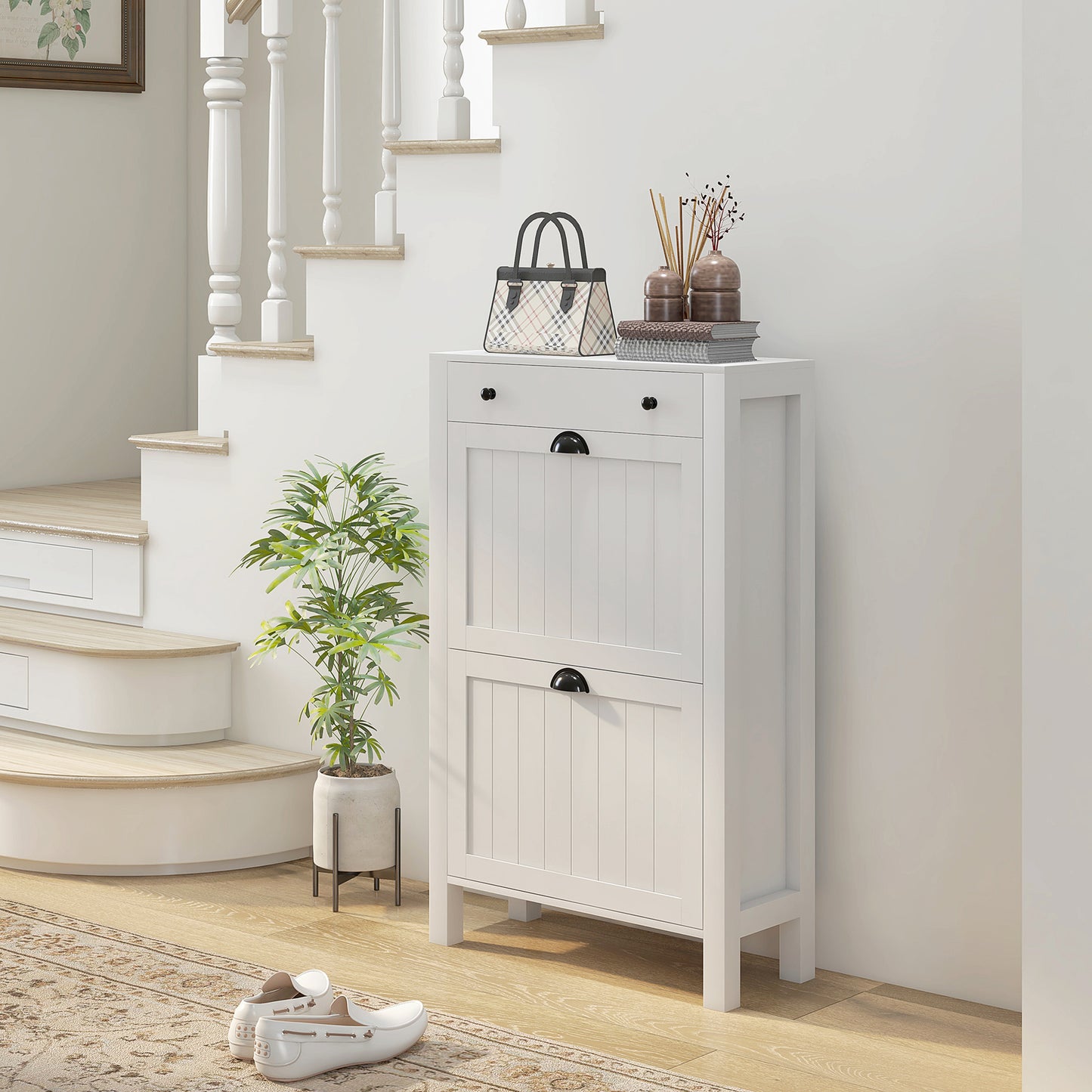 HOMCOM Narrow Shoe Cabinet with 2 Flip Drawers and Adjustable Shelves, White
