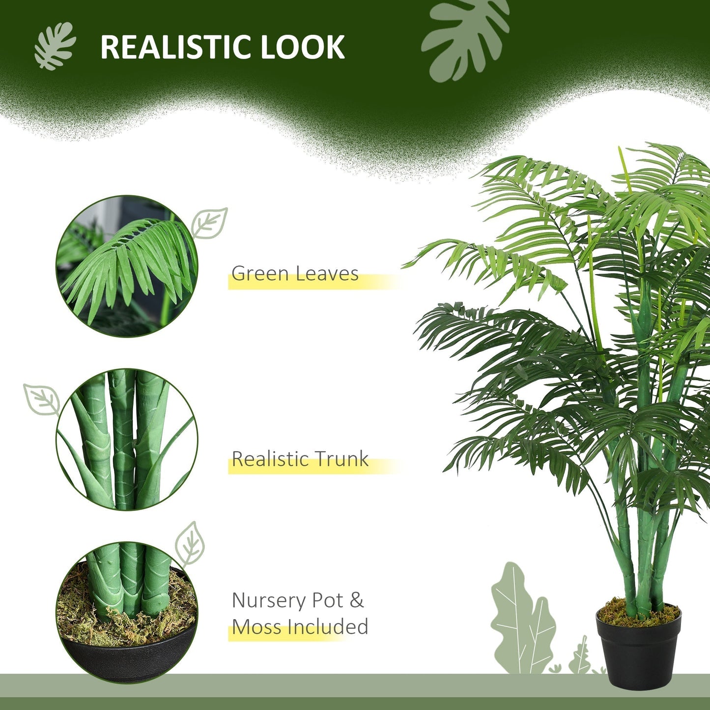 Outsunny 125cm/4FT Artificial Palm Plant Decorative Tree with Nursery Pot, Fake Plastic Indoor Home Office Decor, Green