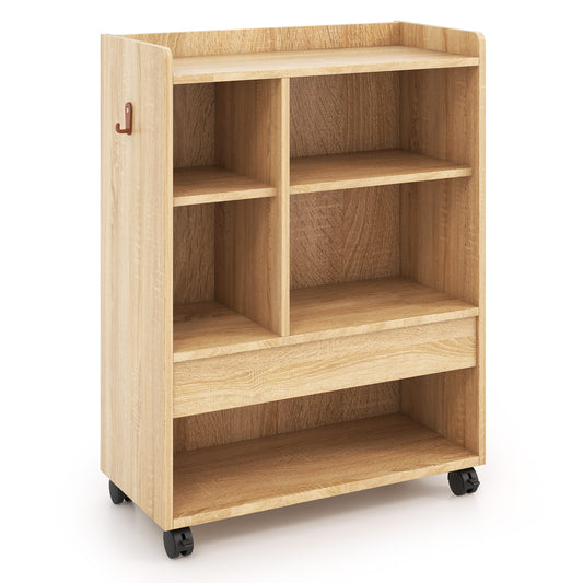 The wooden storage cabinet with open shelving and a side hook on a white background