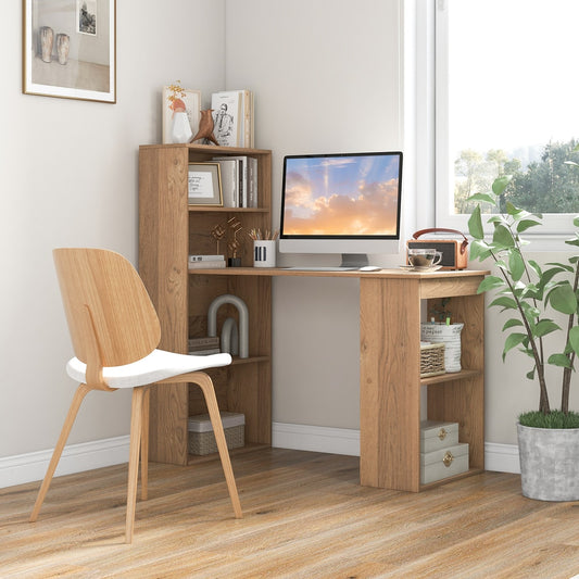 The office desk is set up in a room with a chair and plants, showing its bookshelf storage and desk space