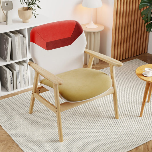 The upholstered side armchair placed in a bright living room next to a white bookshelf