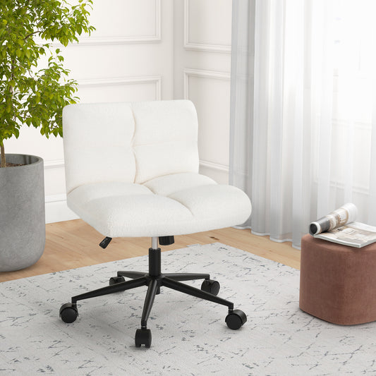 Beige swivel task chair with wheels placed on a rug next to a potted plant and a stool