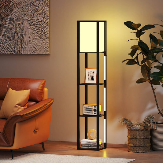 The floor lamp with shelves is lit up in a living room next to a sofa