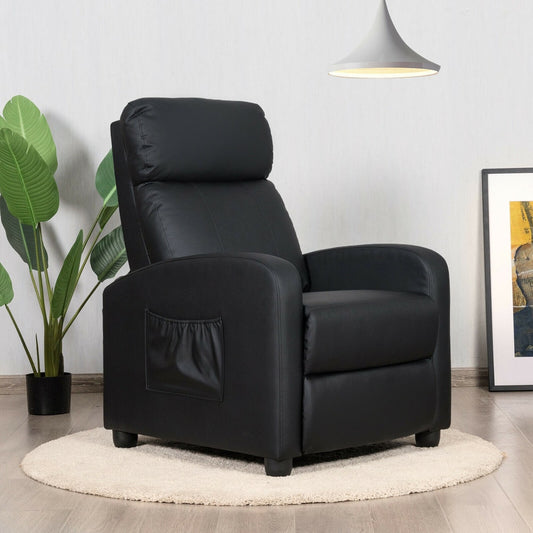 Black recliner armchair in a room on a rug with plants
