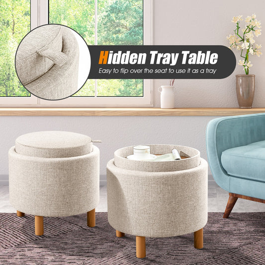 The round ottoman with a tray inserted into the top, showing it can be used as a table