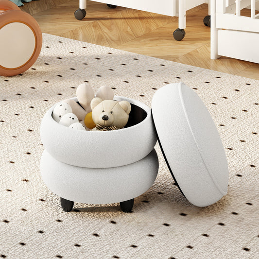 The round ottoman filled with children's toys on a patterned rug in a nursery