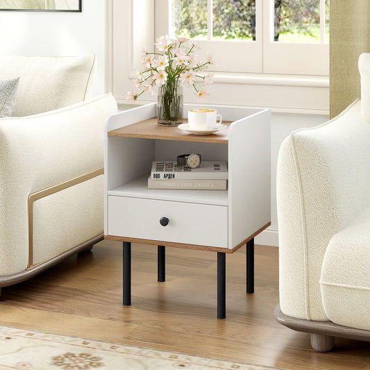 The white nightstand with a drawer and shelf is placed next to a sofa in a living room setting