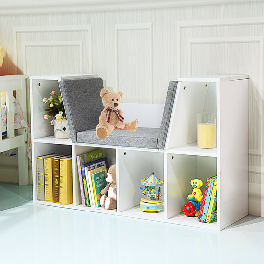 The kids storage organiser with seat cushion is shown with toys and books
