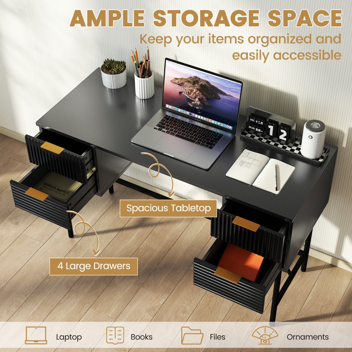 Modern Computer Desk with 4 Drawers and Storage-Black