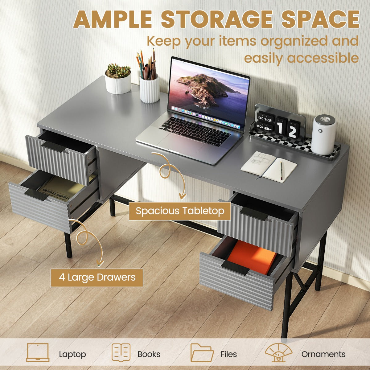 Modern Computer Desk with 4 Drawers and Storage-Grey