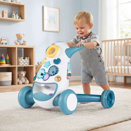 The baby walker being pushed by a young child across a carpeted nursery floor