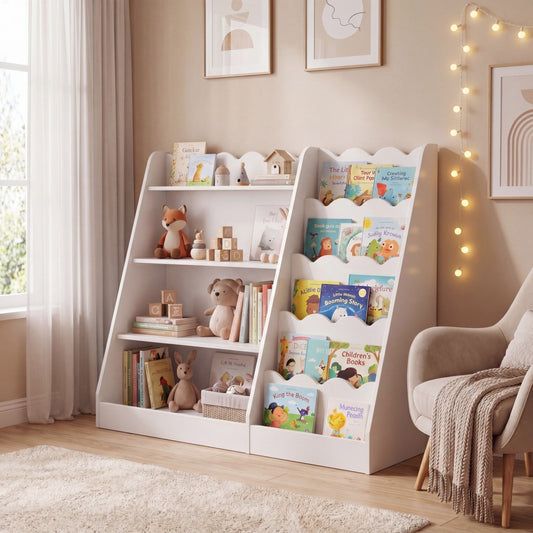 The white kids bookshelf filled with books and toys in a nursery