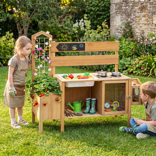 Children playing at the wooden mud kitchen with a planter box and bird cage in a garden