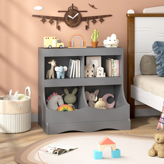 The kids storage unit filled with various toys in a child's bedroom next to a bed