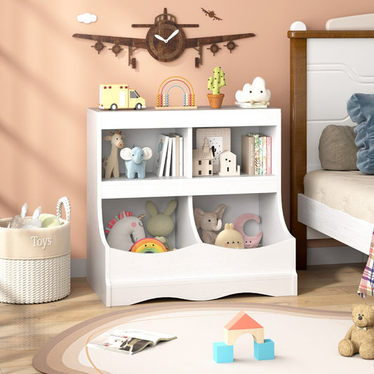 The white toy storage cabinet filled with soft toys and books in a child's bedroom