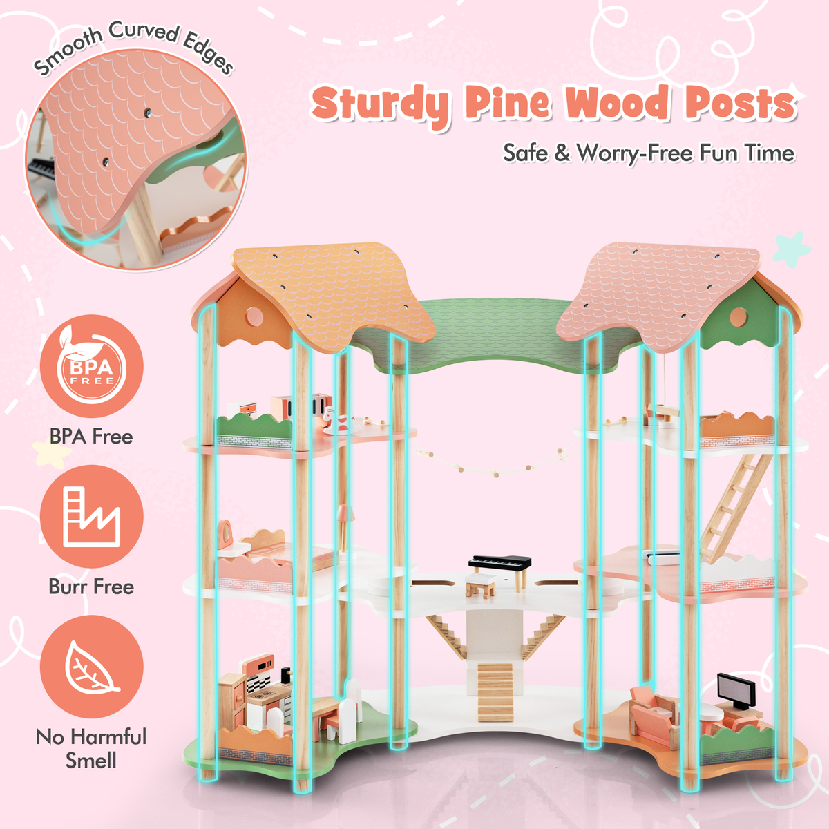 The wooden playhouse highlighting the smooth edges and sturdy posts in a diagram