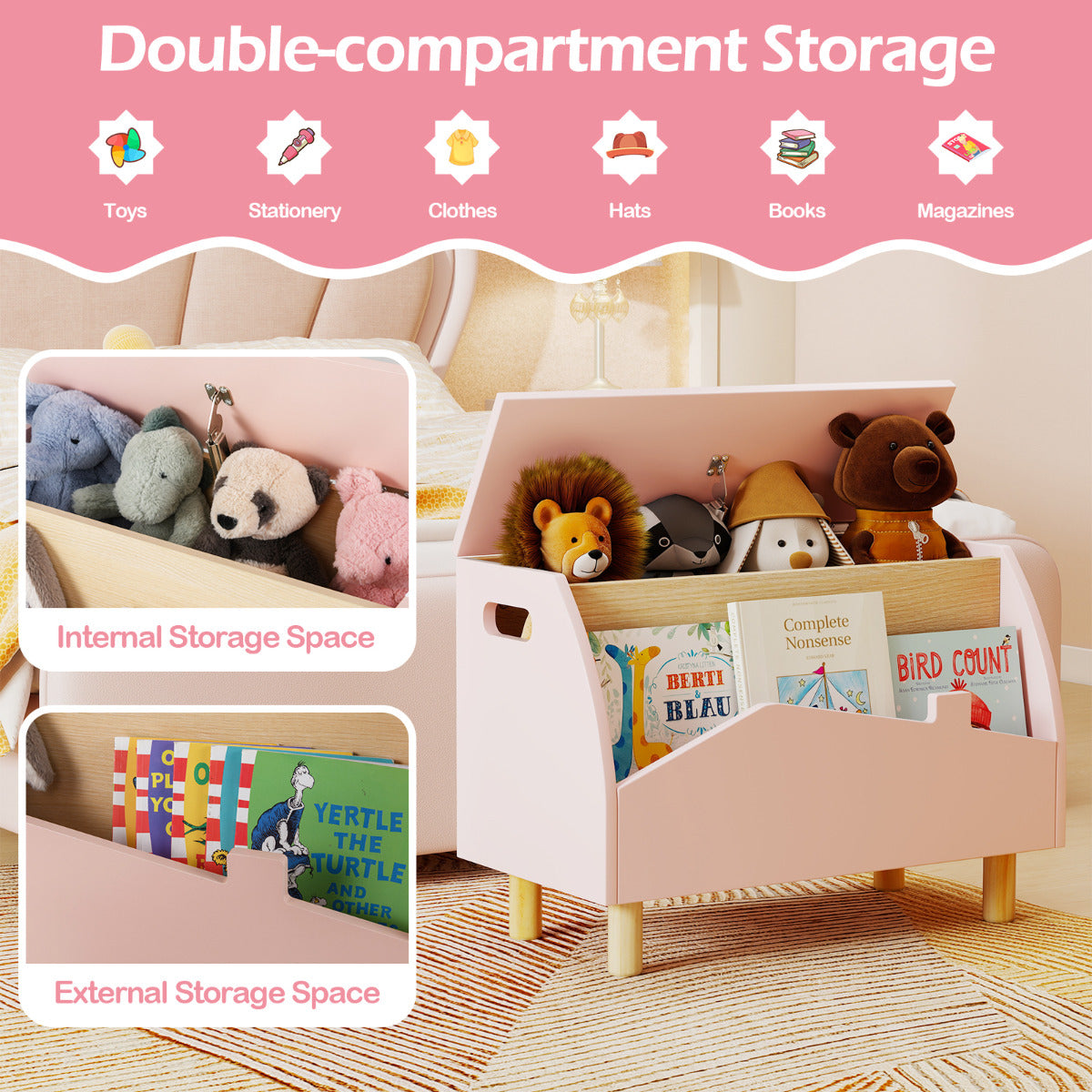Multifunctional Kids Toy Box with Safety Hinge for Playroom in Pink