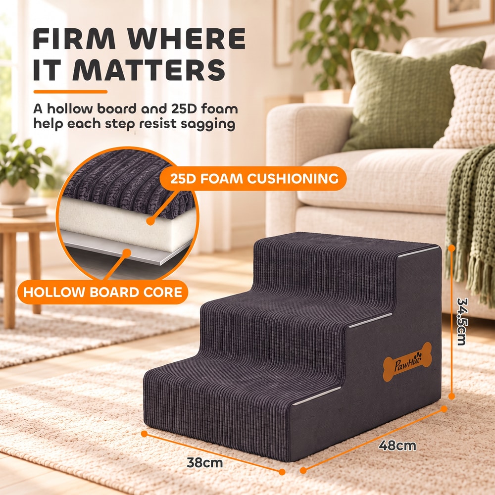 PawHut Dog Steps, 3-Step Dog Stairs for Bed and Sofa, Pet Stairs with Carry Handle, Washable Cover