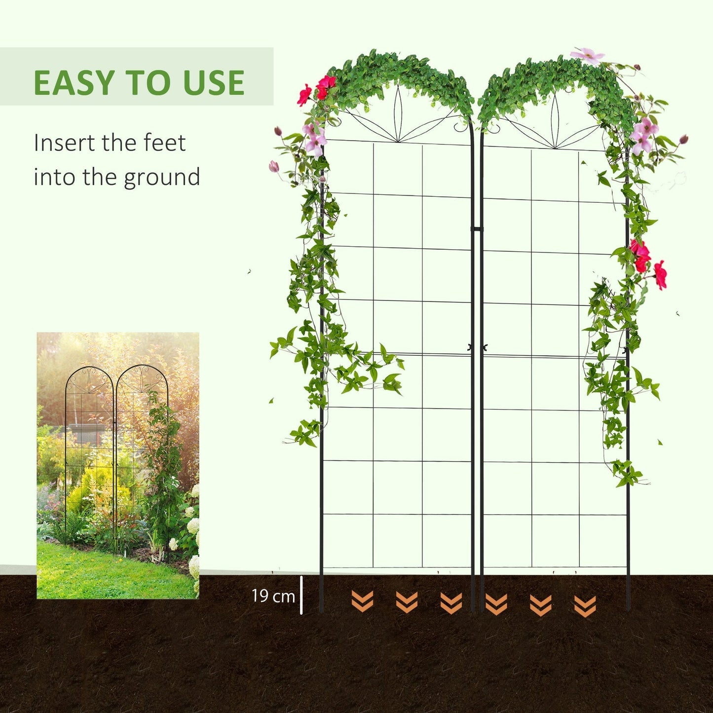Outsunny مجموعة تعريشات معدنية من قطعتين، تعريشات حديقة لإطار دعم النباتات المتسلقة، تصميم شبكي