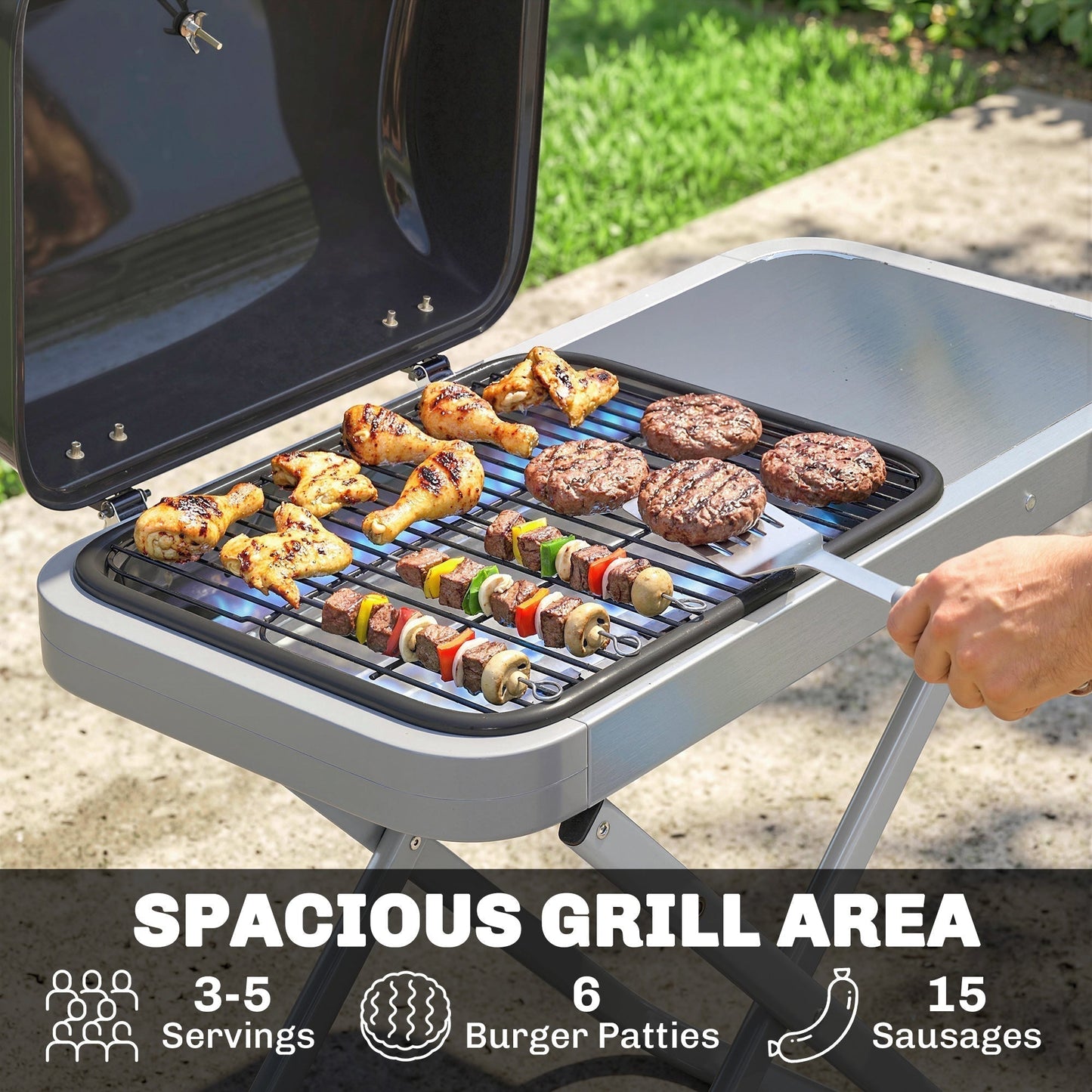 Outsunny Foldable Gas BBQ Grill with Side Table, Portable Gas Barbecue Grill with Thermometer, Grease Box, Wheels, 2.5 kW, Black
