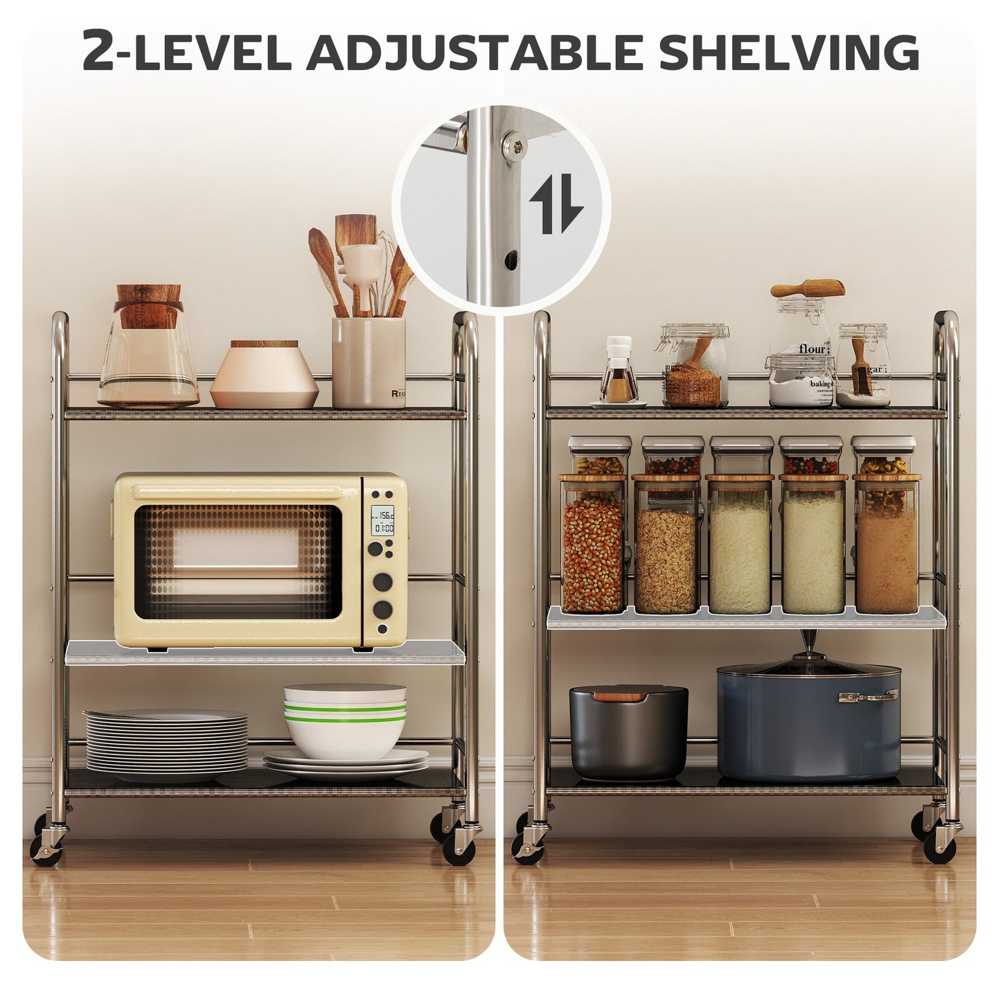 HOMCOM 3 Tier Stainless Steel Kitchen Storage Trolley with Adjustable Shelf - Silver
