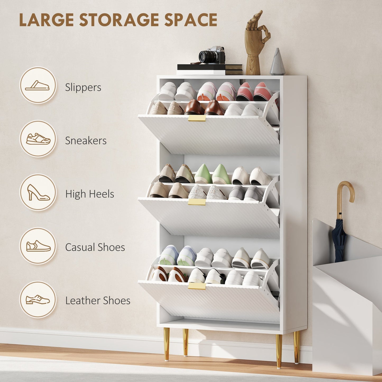 HOMCOM Elegant Three-Drawer Shoe Cabinet - White
