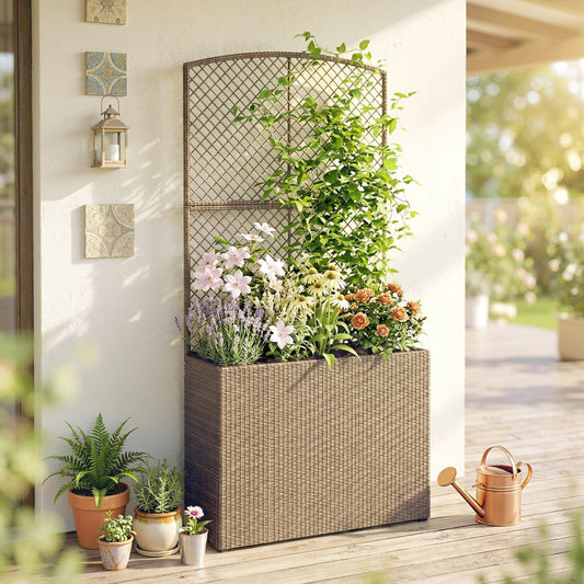 Outsunny Rattan Planter with Trellis, Raised Beds for Garden with Liner for Climbing Plants Vegetables Flowers, Light Grey