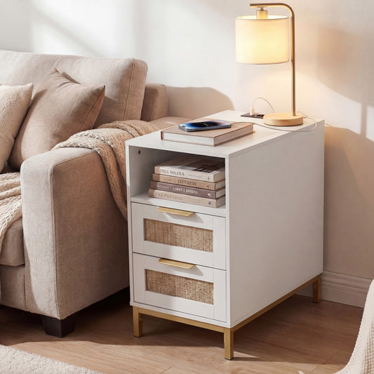 The white narrow end table with charging station is shown next to a sofa in a living room