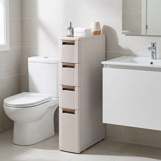 The narrow storage cabinet with four drawers shown in a bathroom setting next to a toilet and sink