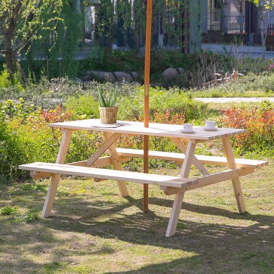 Outsunny 6 Seater Wooden Picnic Table Bench in Natural Wood Colour
