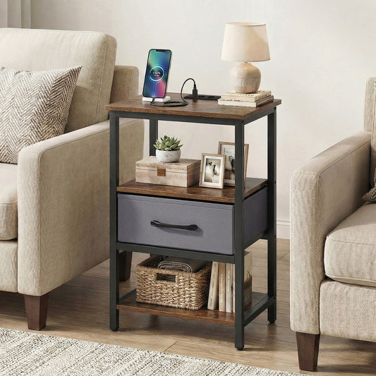 The bedside table placed between two sofas in a bright living room setting