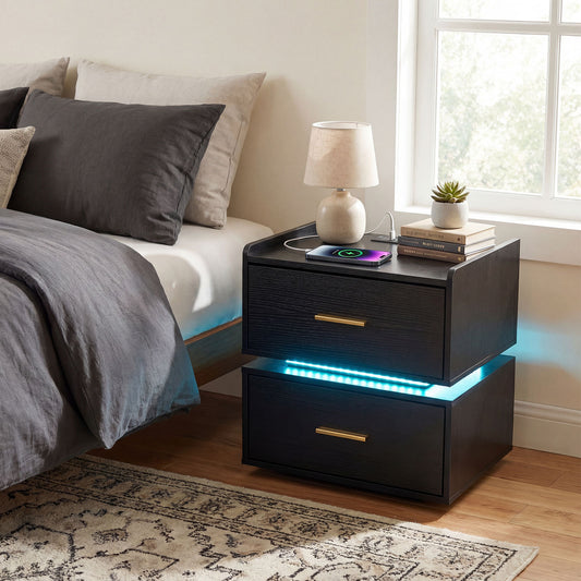 Nightstand with Charging Station and 2 Storage Drawers in Black